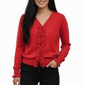 BODEN Womens Red Knit Wool Cardigan with Ruffled Placket XL sweater for fall